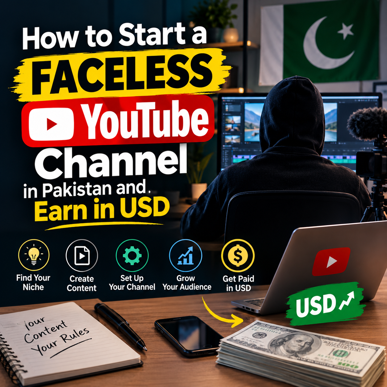 Beginner creating a faceless YouTube channel in Pakistan