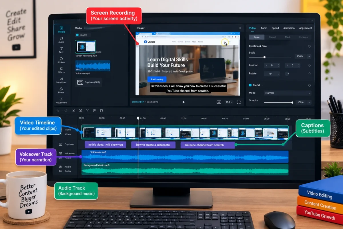 Creating a faceless YouTube video using screen recording and editing software