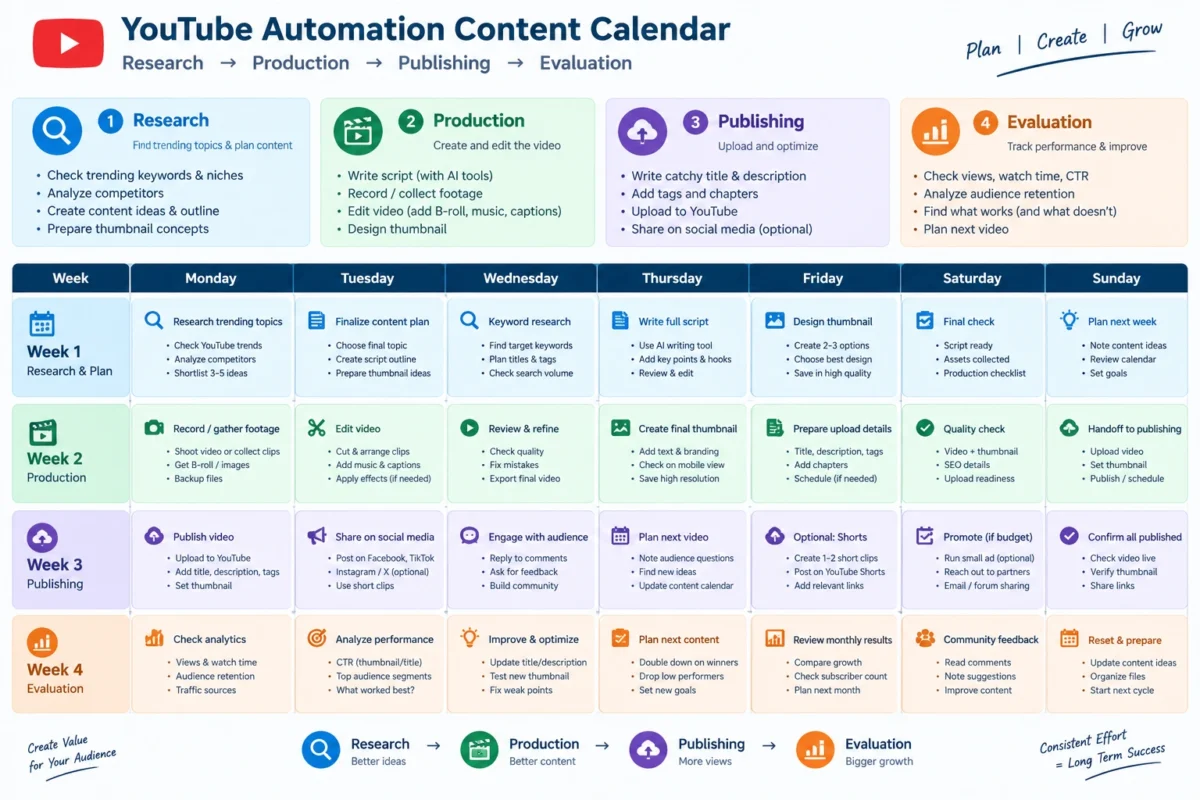 Planning a YouTube automation workflow over 30 days