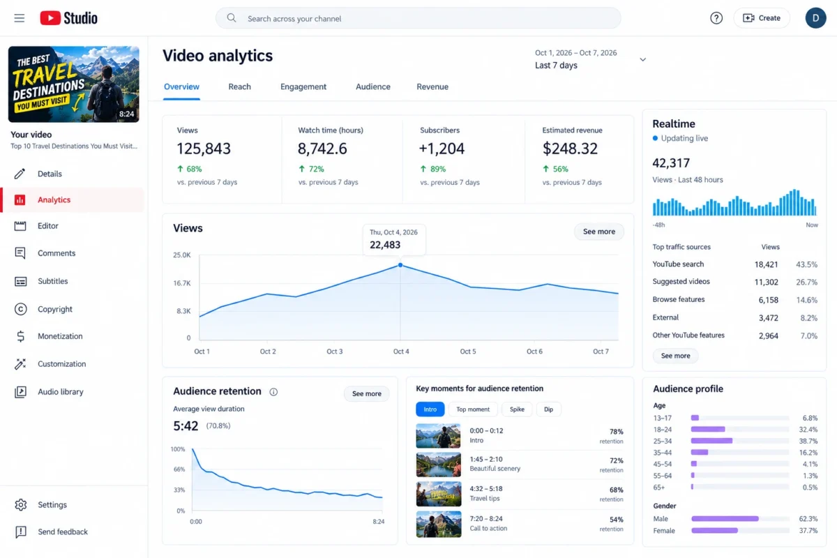 Analyzing YouTube channel performance and audience retention